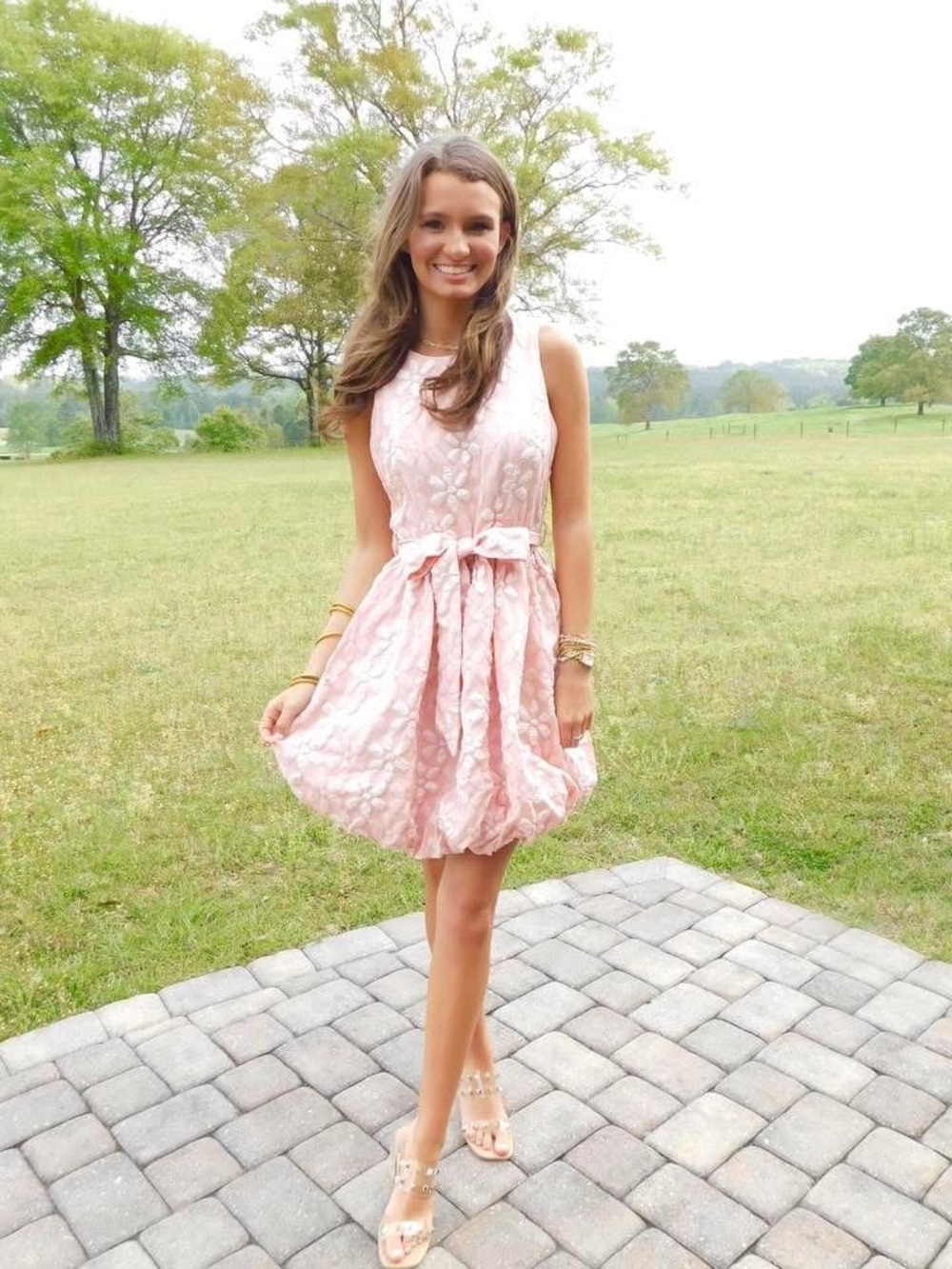 Pink Floral Sleeveless Party Dress with Tie Waist